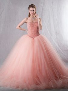 Fantastic Peach Sleeveless Brush Train Beading With Train Vestidos de Quinceanera