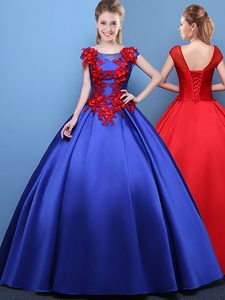 Flirting Royal Blue Lace Up Scoop Appliques Sweet 16 Quinceanera Dress Satin Cap Sleeves