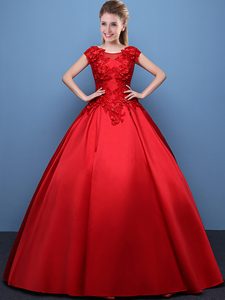 Scoop Cap Sleeves Floor Length Appliques Lace Up Ball Gown Prom Dress with Red