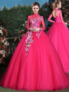 Coral Red Tulle Lace Up Quinceanera Dresses Long Sleeves With Brush Train Appliques