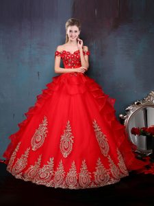 Delicate Red Off The Shoulder Neckline Beading and Appliques and Ruffles Sweet 16 Quinceanera Dress Sleeveless Lace Up