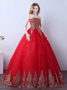 Enchanting Floor Length Red Vestidos de Quinceanera Tulle Sleeveless Appliques and Sequins