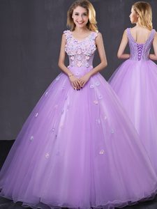 Floor Length Lavender Quince Ball Gowns V-neck Sleeveless Lace Up