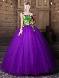 Eye-catching One Shoulder Sleeveless Tulle Floor Length Lace Up Quinceanera Dress in Eggplant Purple for with Pattern