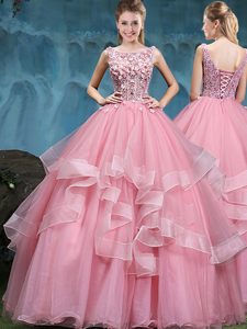 Baby Pink Sweet 16 Dress Military Ball and Sweet 16 and Quinceanera and For with Lace and Appliques and Ruffles Scoop Sleeveless Lace Up