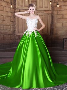Popular Scoop Short Sleeves Floor Length Lace Up Quince Ball Gowns Red and In for Military Ball and Sweet 16 and Quinceanera with Appliques