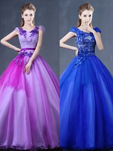 Simple Purple Ball Gowns Lace and Appliques Sweet 16 Quinceanera Dress Lace Up Organza Short Sleeves Floor Length