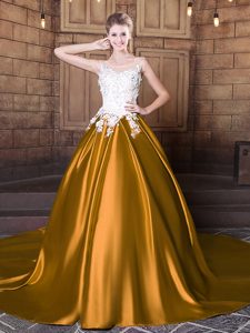 Scoop Elastic Woven Satin Sleeveless Floor Length Quince Ball Gowns Court Train and Lace and Appliques