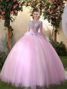 Sophisticated Lilac Quince Ball Gowns Military Ball and Sweet 16 and Quinceanera and For with Appliques Scoop Long Sleeves Lace Up