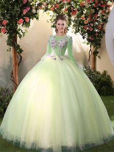 Customized Light Yellow Ball Gowns Tulle Scoop Long Sleeves Appliques Floor Length Lace Up Quinceanera Gowns