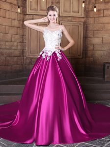 Scoop Sleeveless Elastic Woven Satin 15th Birthday Dress Appliques Court Train Lace Up