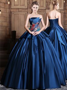 High Class Strapless Sleeveless Lace Up Quince Ball Gowns Navy Blue Satin