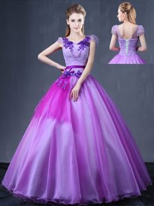 Cheap Short Sleeves Floor Length Lace Up Quinceanera Gowns Lavender and In for Military Ball and Sweet 16 and Quinceanera with Lace and Appliques