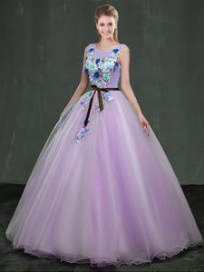 Noble Lavender Quince Ball Gowns Military Ball and Sweet 16 and Quinceanera and For with Appliques Scoop Sleeveless Lace Up