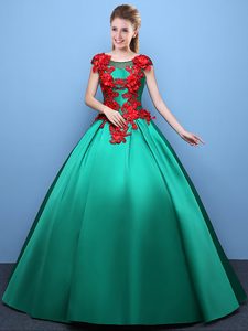 Excellent Scoop Satin Cap Sleeves Floor Length Quinceanera Dresses and Appliques