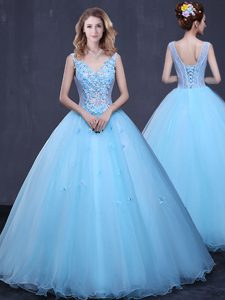 Romantic Light Blue Sleeveless Lace and Appliques Floor Length 15 Quinceanera Dress