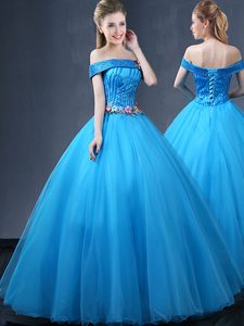 Off the Shoulder Baby Blue Ball Gowns Beading and Appliques Sweet 16 Dress Lace Up Tulle Sleeveless Floor Length