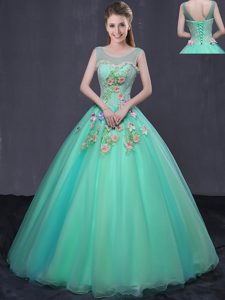 Scoop Sleeveless Organza Floor Length Lace Up Quince Ball Gowns in Turquoise for with Beading and Appliques