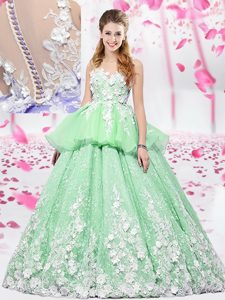Romantic Scoop Lace Up Ball Gown Prom Dress Lace and Appliques Sleeveless Floor Length