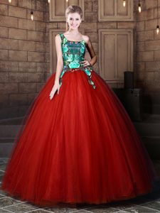 One Shoulder Floor Length Ball Gowns Sleeveless Rust Red Quinceanera Gowns Lace Up