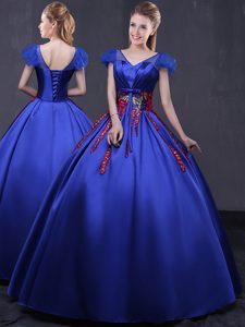 Royal Blue Ball Gowns Appliques 15th Birthday Dress Lace Up Satin Cap Sleeves Floor Length