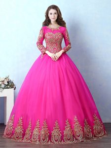 Ball Gowns Ball Gown Prom Dress Fuchsia Scoop Tulle Long Sleeves Floor Length Lace Up