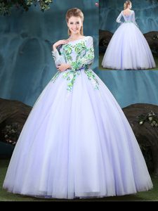 Scoop Lavender Lace Up Quinceanera Dress Appliques Long Sleeves Floor Length