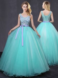 Pink Lace Up Scoop Lace and Appliques Sweet 16 Quinceanera Dress Organza and Tulle Sleeveless