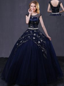 Spectacular Scoop Half Sleeves Quinceanera Dresses Floor Length Appliques Baby Pink Tulle