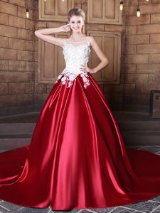 Modern Scoop Wine Red Elastic Woven Satin Lace Up 15 Quinceanera Dress Sleeveless Floor Length Lace and Appliques