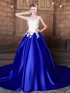 Admirable Royal Blue Scoop Lace Up Appliques Sweet 16 Dress Court Train Sleeveless