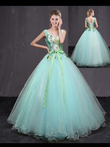 Appliques and Belt Sweet 16 Quinceanera Dress Aqua Blue Lace Up Sleeveless Floor Length