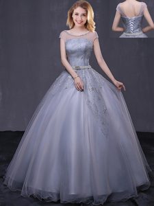 Scoop Cap Sleeves Tulle Floor Length Lace Up 15th Birthday Dress in Grey for with Beading and Belt