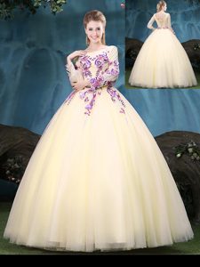 Custom Made Scoop Long Sleeves Tulle Floor Length Lace Up Sweet 16 Dress in Light Yellow for with Appliques