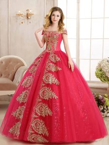Best Selling Off the Shoulder Red Ball Gowns Appliques and Sequins Quinceanera Dresses Lace Up Tulle Sleeveless Floor Length
