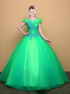 Lovely Scoop Short Sleeves Tulle Floor Length Lace Up Sweet 16 Dresses in Turquoise for with Appliques