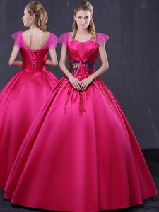 Hot Selling Ball Gowns Sweet 16 Quinceanera Dress Hot Pink V-neck Satin Cap Sleeves Floor Length Lace Up