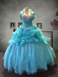 High Quality Aqua Blue Sweetheart Neckline Beading and Pick Ups Quinceanera Dresses Sleeveless Lace Up