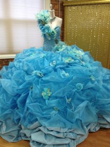 One Shoulder Sleeveless Pick Ups and Hand Made Flower Lace Up Quinceanera Gown