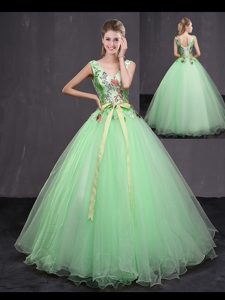New Style Appliques and Belt Quinceanera Dresses Apple Green Lace Up Sleeveless Floor Length