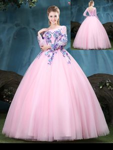 Clearance Tulle Scoop Long Sleeves Lace Up Appliques 15 Quinceanera Dress in Baby Pink