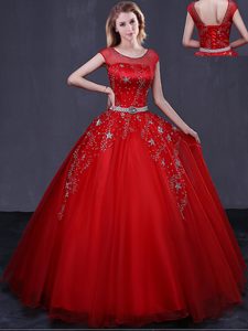 Floor Length Red Vestidos de Quinceanera Scoop Cap Sleeves Lace Up