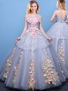Grey Scoop Lace Up Appliques Ball Gown Prom Dress Cap Sleeves