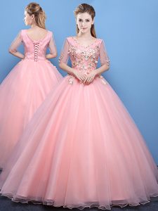 Delicate Appliques Sweet 16 Dresses Baby Pink Lace Up Half Sleeves Floor Length