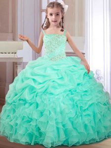 Straps Straps Pick Ups Apple Green Sleeveless Organza Lace Up Winning Pageant Gowns for Quinceanera and Wedding Party