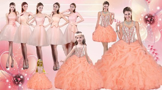 Eye-catching Straps Sleeveless Vestidos de Quinceanera Floor Length Beading and Ruffles Orange Organza