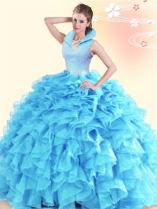 Fantastic Aqua Blue Ball Gowns Organza High-neck Sleeveless Beading and Ruffles Floor Length Backless Quince Ball Gowns