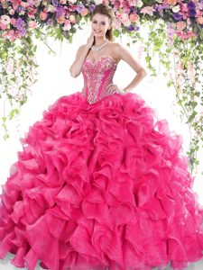 Sleeveless Beading and Ruffles Lace Up Quinceanera Dress with Hot Pink Sweep Train