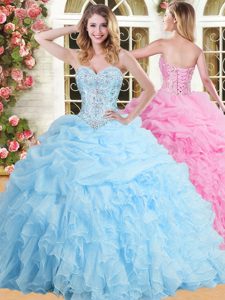 Edgy Halter Top Blue Ball Gowns Beading and Lace and Appliques and Pick Ups 15th Birthday Dress Lace Up Taffeta Sleeveless Floor Length