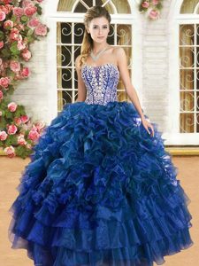 Adorable Sweetheart Sleeveless Organza Quinceanera Dresses Beading and Ruffles Lace Up